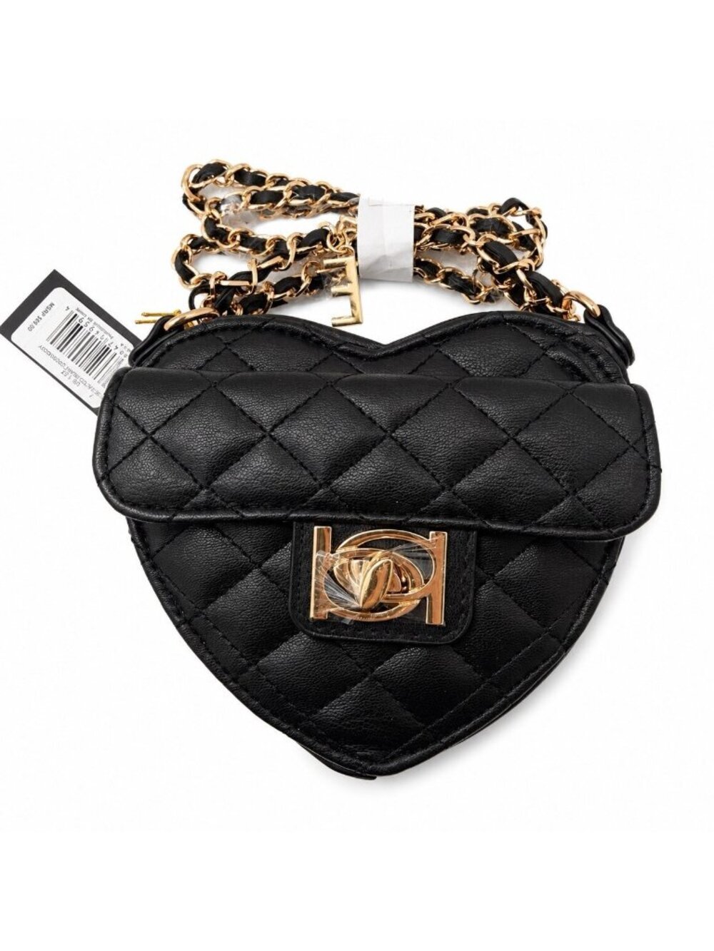 Bebe Solana Heart Crossbody Black Quilted Gold Chain NWT Coquette Mini Bag